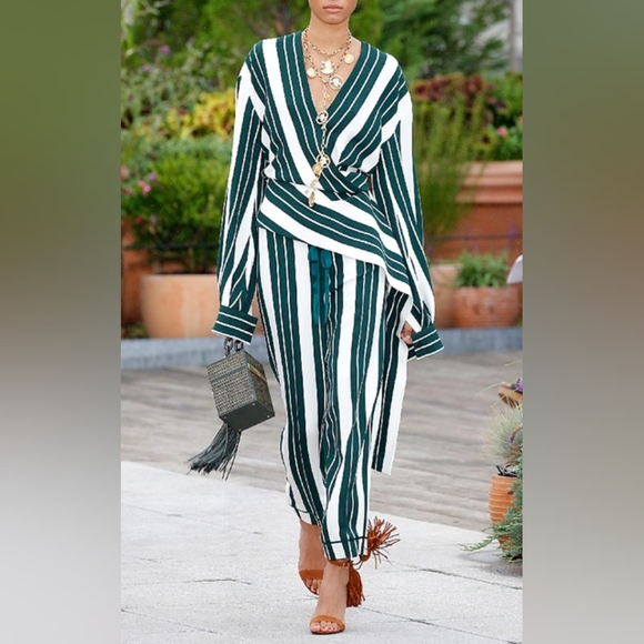 $1,790 OSCAR DE LA RENTA GREEN STRIPE ASYMMETRIC SACH CREPE BLOUSE US 0 - Picture 7 of 10
